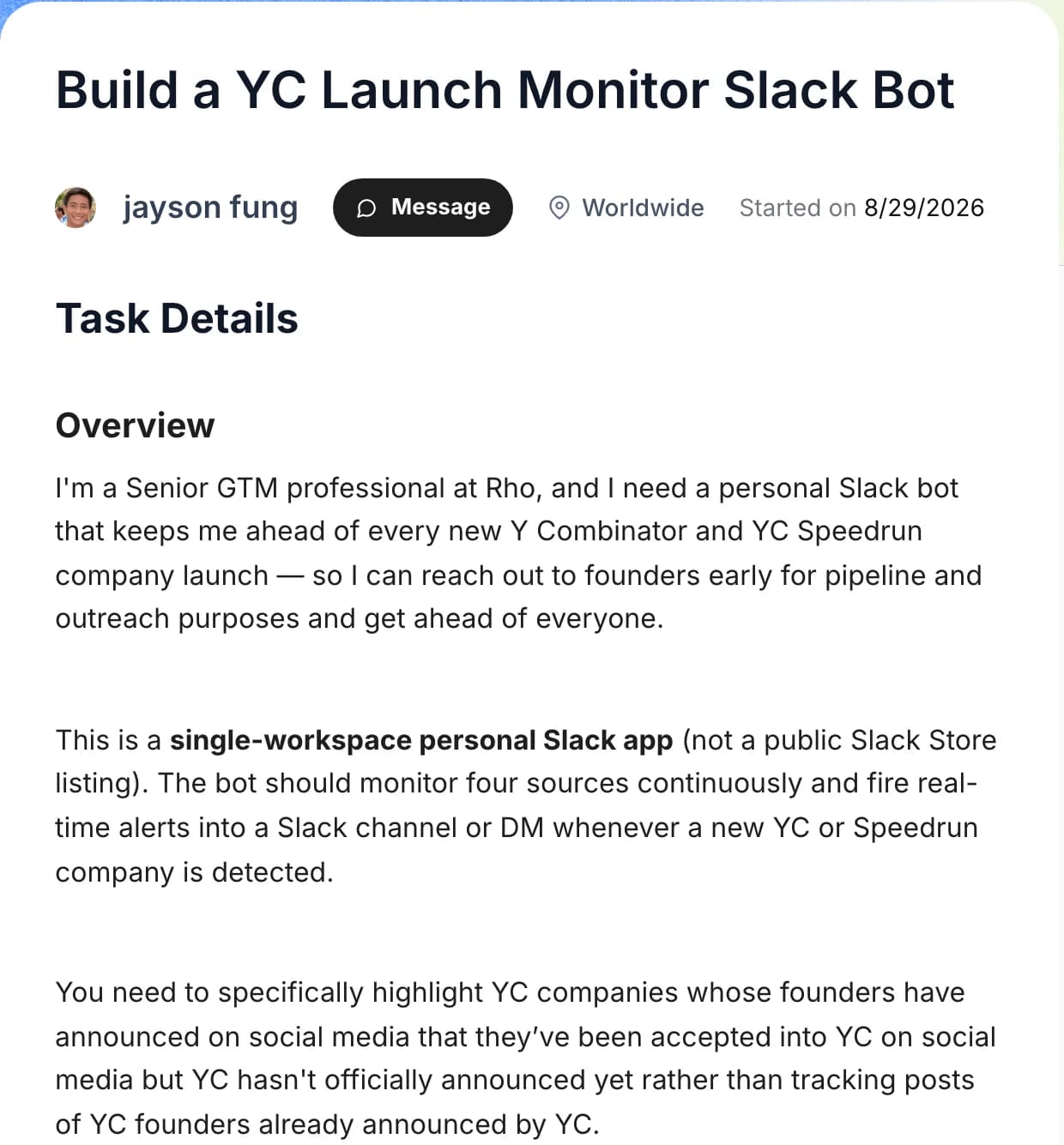 Pond task page: Build a YC Launch Monitor Slack Bot, posted by Jayson of Rho GTM