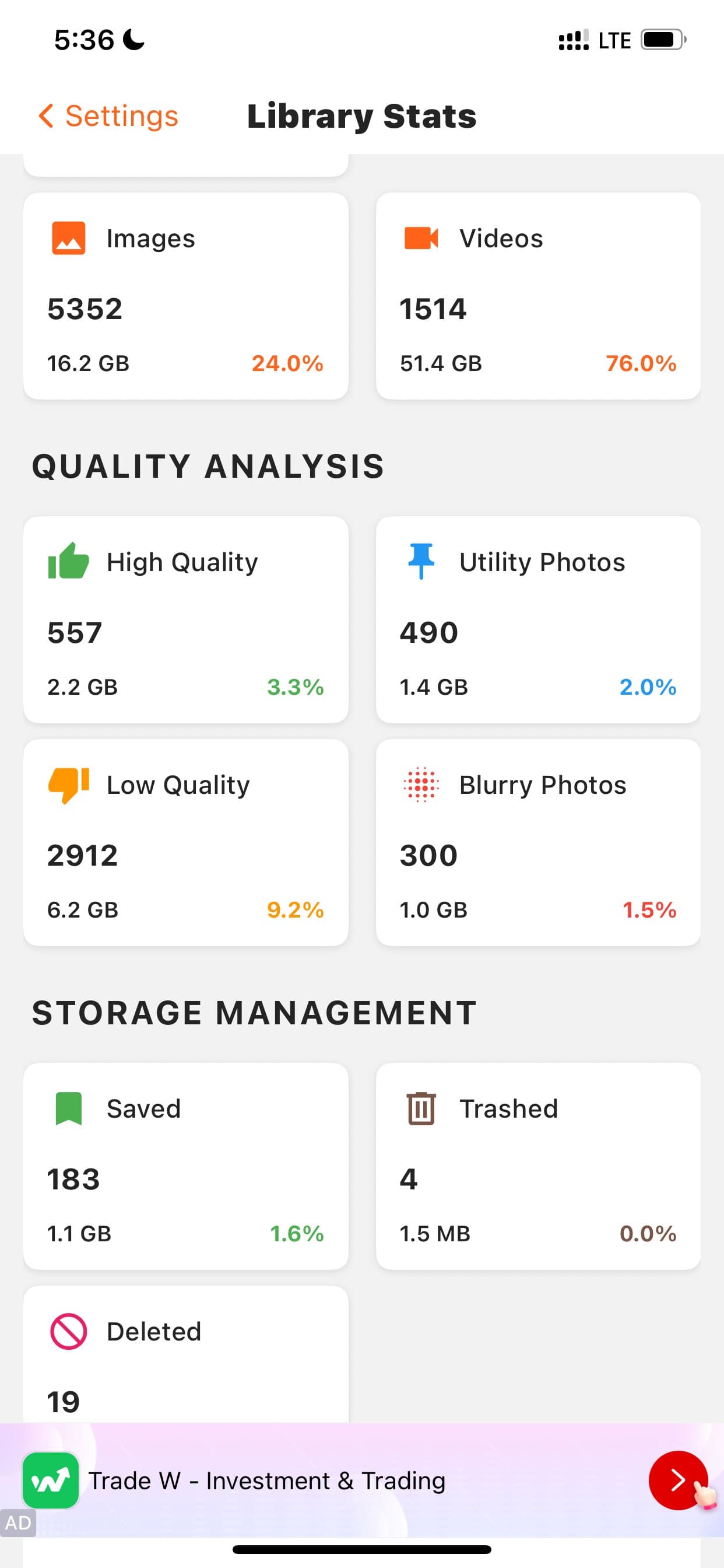 User 2 stats — 2,912 low quality, 300 blurry, 67.6 GB